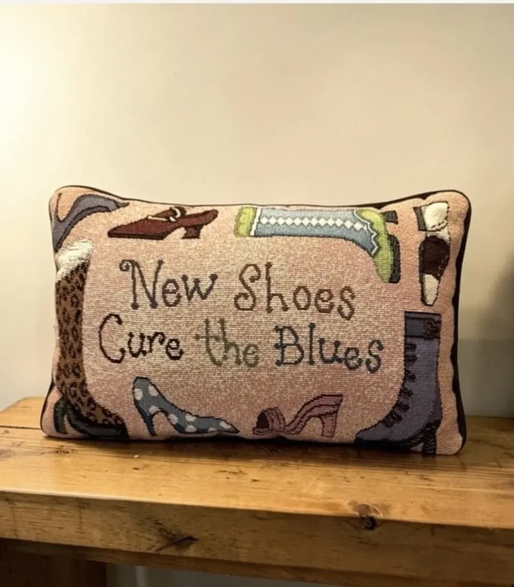 Vintage Tapestry Throw Pillow “Shoes Cure The Blues” 12’ X 8’ Fast Ship 3469-21